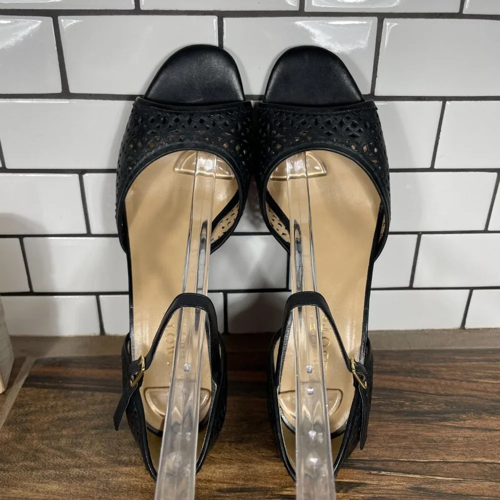 Talbots Womens Sz 8.5 Shoes Black Leather Open Toe Mary Jane Comfort Wedge